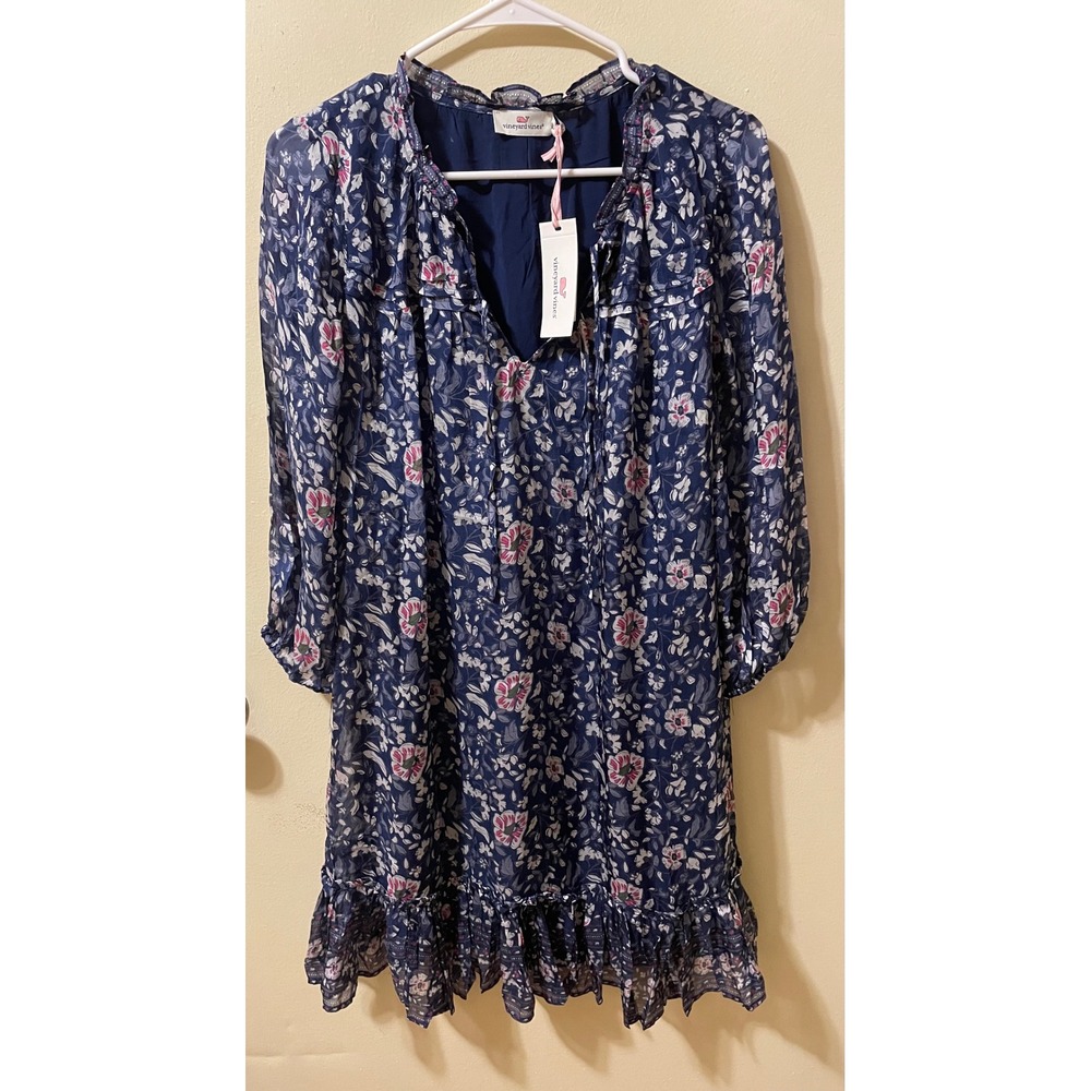 Vineyard Vines Tiered Floral‎ Ruffle Dress Deep Bay Floral Silk Blend Navy New